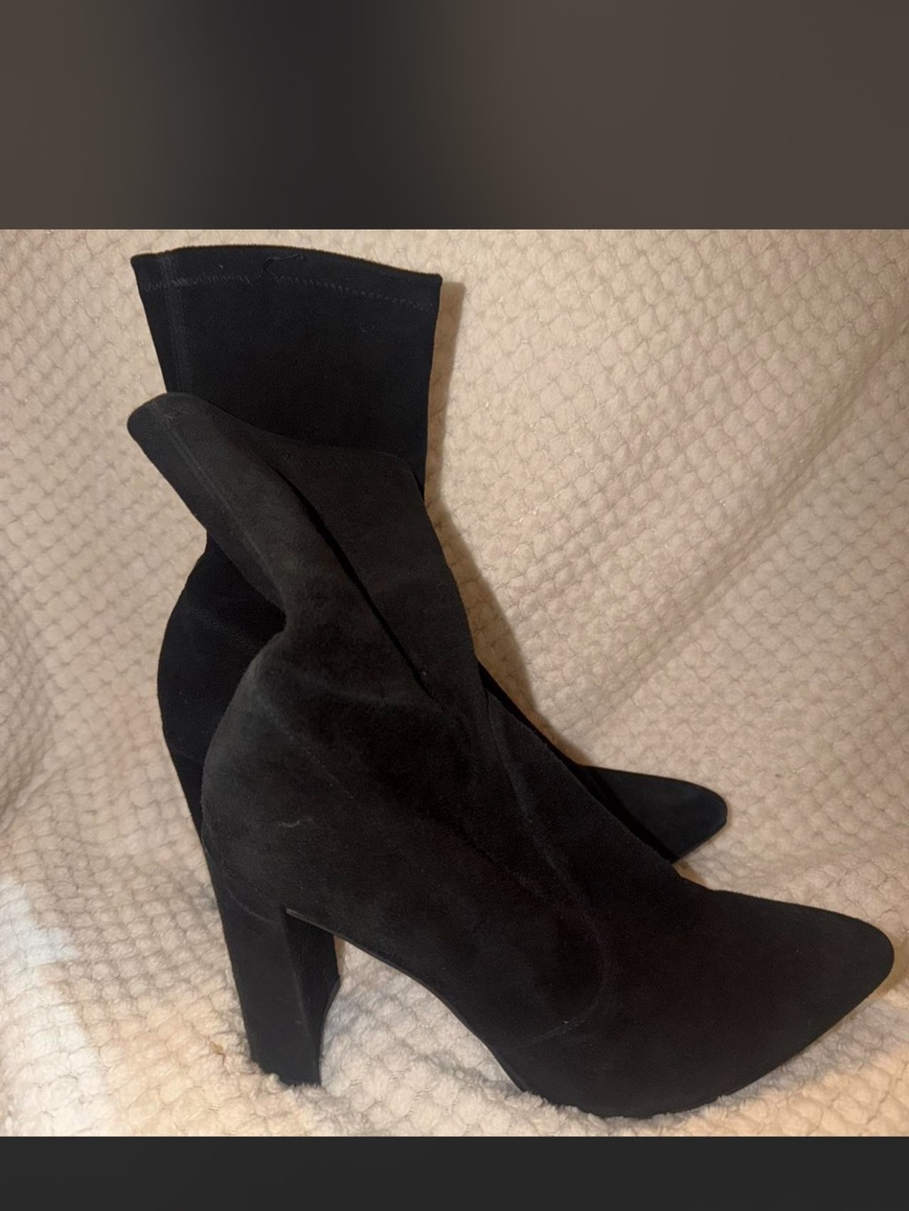 Stuart Weitzman Black Suede Pointed Sock Boots with Block Heel